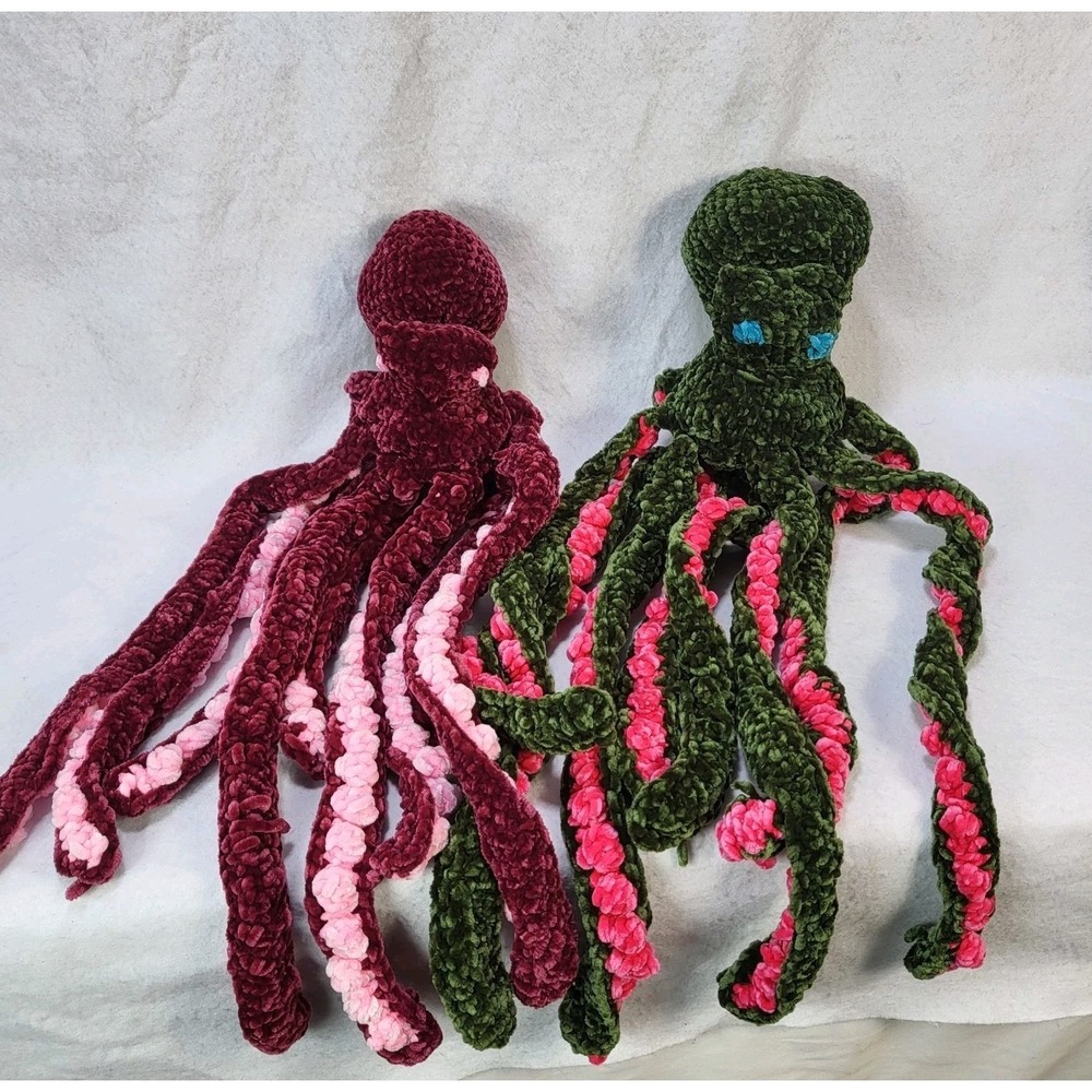 Handmade Pair of Anchor The Octopus 24" Red Pink Green Chenille Soft Plush Squid